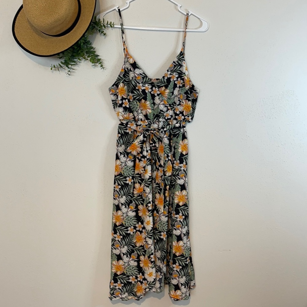 SHEIN Tropical Floral Print Faux Wrap Cami Slip Midi Dress Sz Small